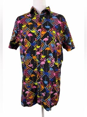 Surf Society Men’s M Short Sleeve Button Down Black Neon Flamingo Retro Print